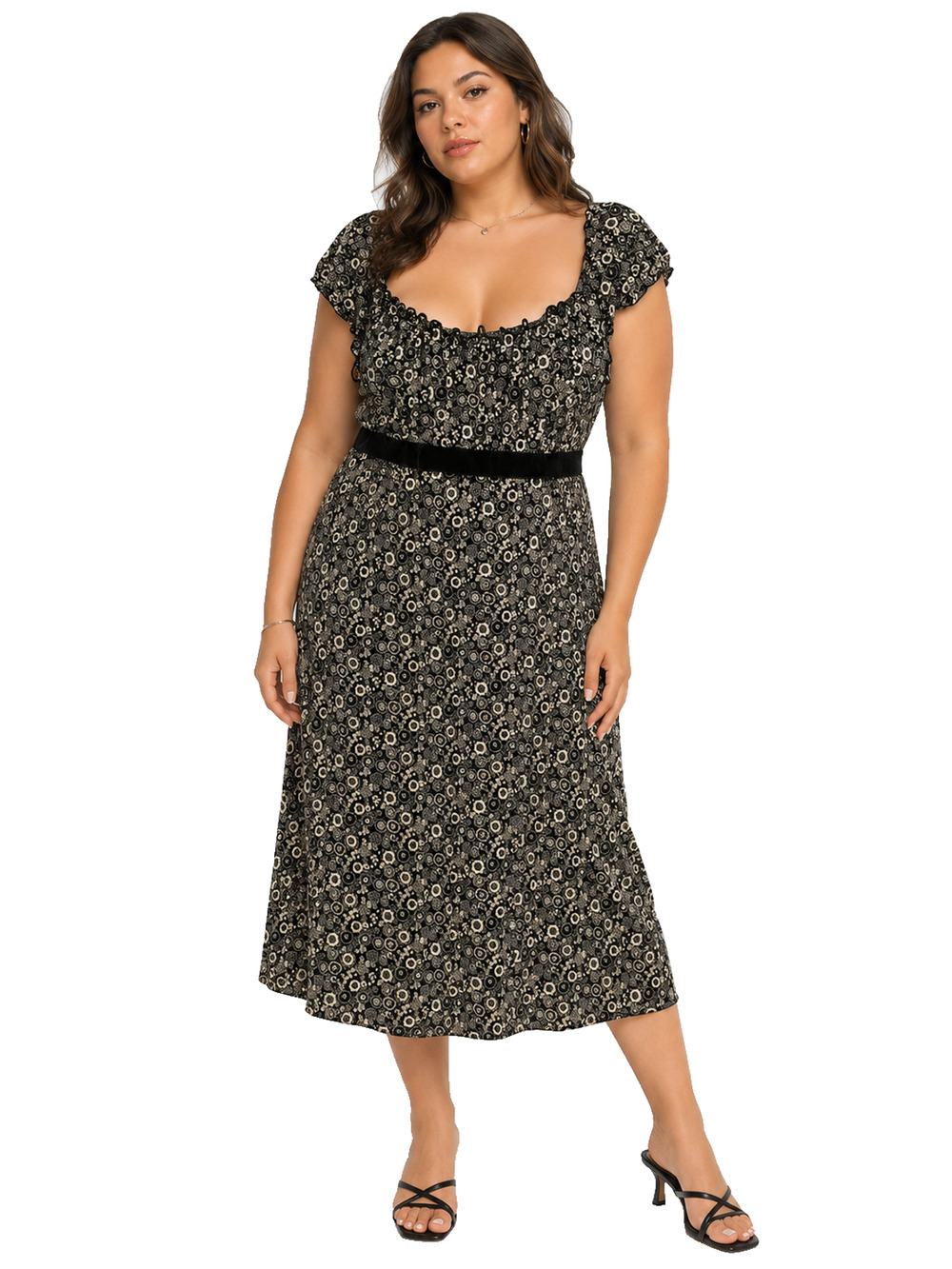 L8ter Y2K Vintage USA Made Babydoll Cap Sleeve Midi Dress Black Floral sz 2X